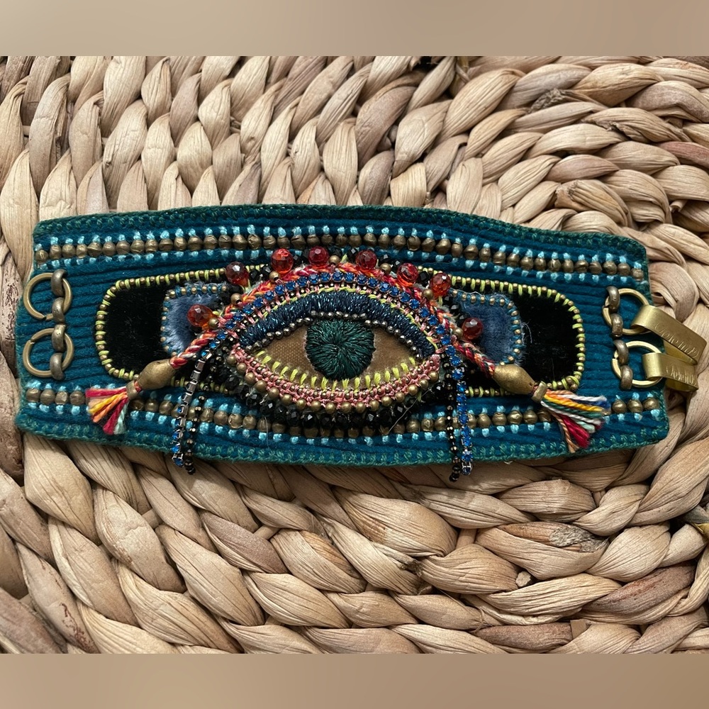 DePetra Cosmic Eye Embroidery Blue Leather cuff bracelet, 6.5”
